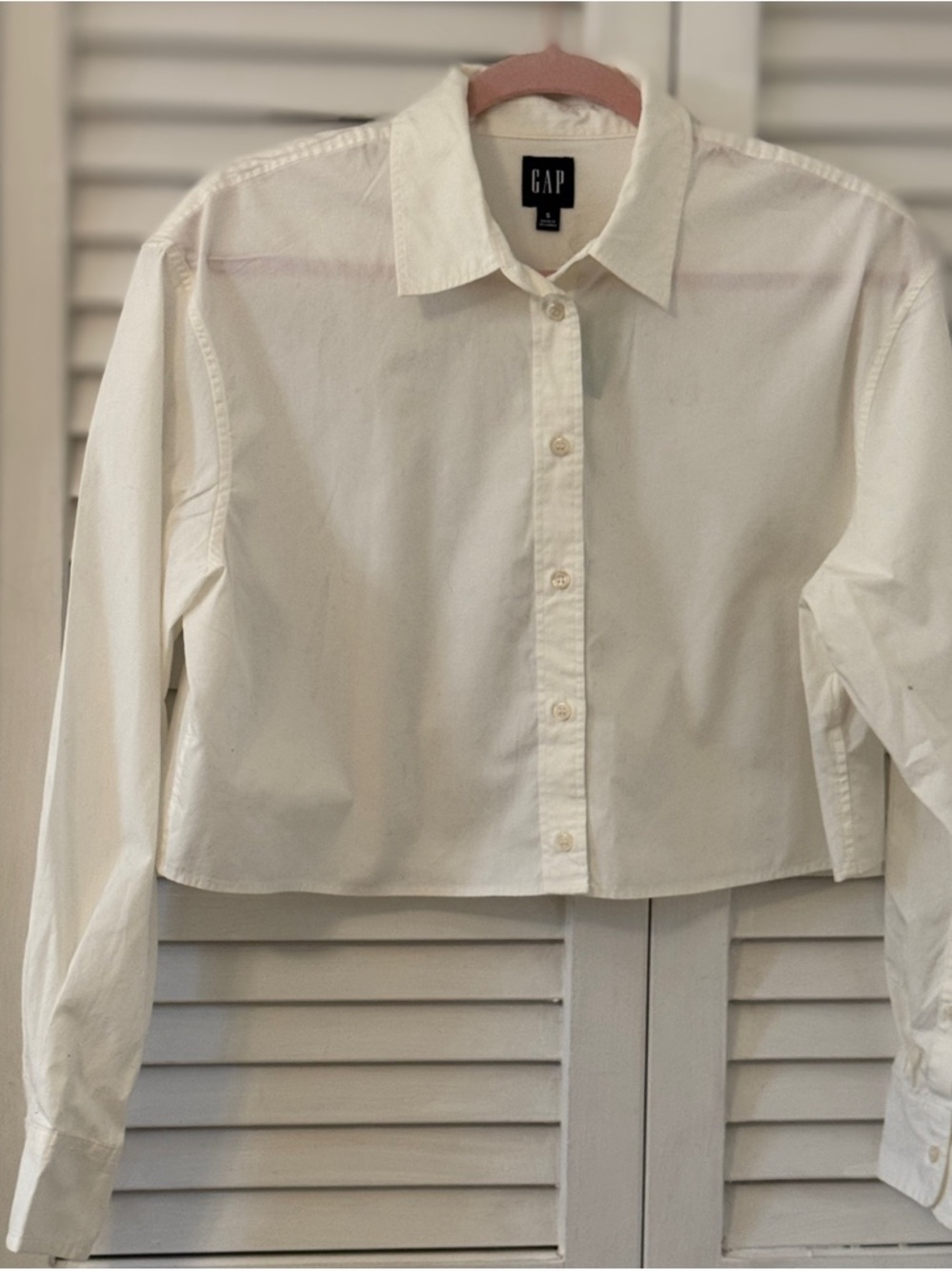 GAP Women's Long Sleeve Button-Up Collared Cropped Shirt Blouse White S NWT